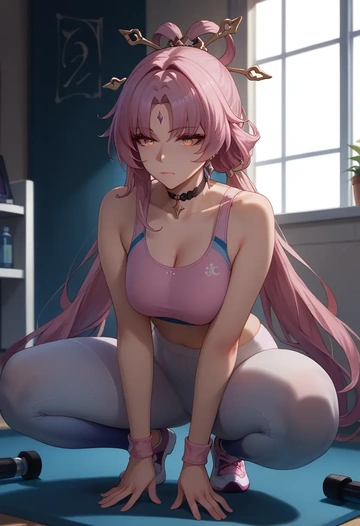 star rail,fu xuan,yoga shorts, bra  - AI generated anime art